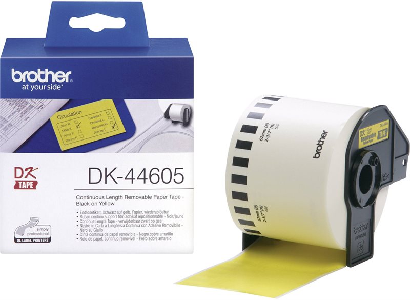 Brother Etikettrulle 62 mm x 30.48 m Papper Gul 1 st Repositionerbart