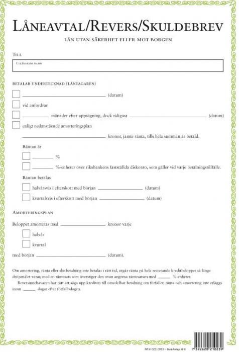 Revers Skuldebrev Låneavtal